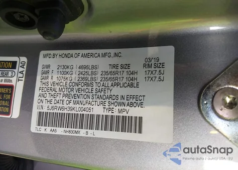 2019 Honda Cr-V Lx z USA, uszkodzony, nr VIN 5J6RW6H39KL004051